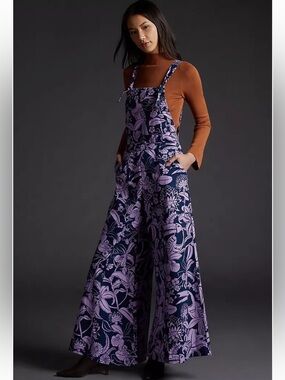 New Anthropologie FARM Rio Floral Wide Leg Purple Resort Jumpsuit Overalls M